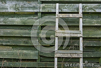 Weathered wooden ladder leaning on wooden slats