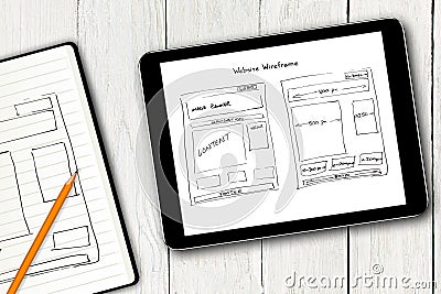 Website wireframe sketch on digital tablet screen