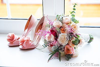 Wedding accessories for the morning of the bride in pink . Weddi
