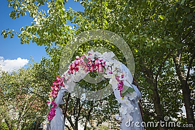 Wedding arch with white and pink flowers