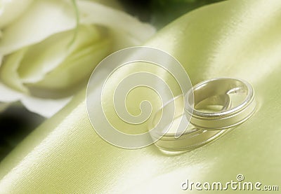 Wedding bands on green satin in dreamy