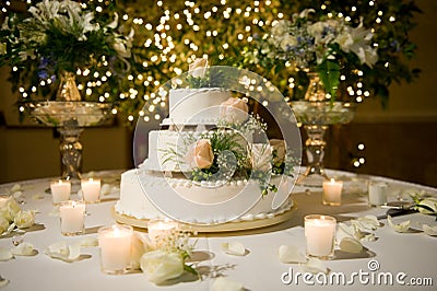 Wedding cake on the decorated table