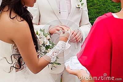 The wedding ceremony, the bride and groom exchange rings.