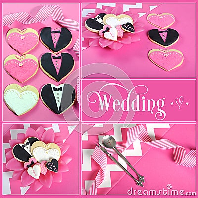 Wedding collage of four pink, black and white bride and groom heart cookies.