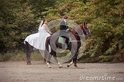 Wedding couple on horses