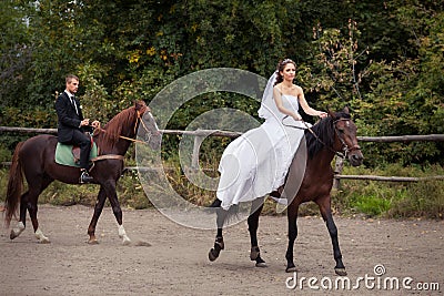 Wedding couple on horses