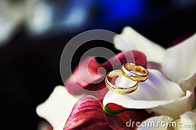 Wedding gold rings on bouquet