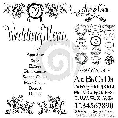 Wedding menu, font set and design elements set