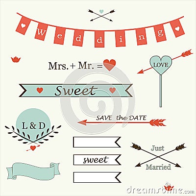 Wedding romantic collection of labels, ribbons, hearts, flowers, arrows, wreaths of laurel vector.