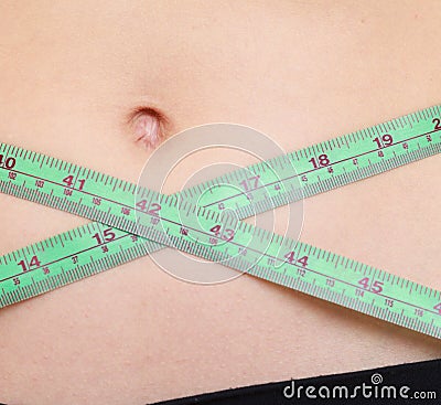 Weight loss. Green measuring tape on woman body