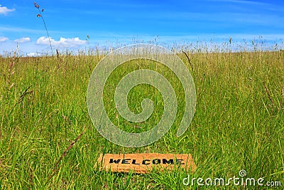 Welcome mat in a grass meadow with blue sky