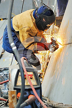 Welder working at shipyard in day time