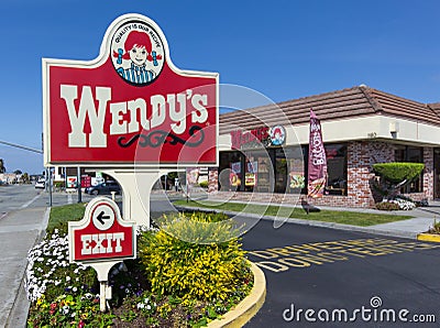 Wendy s fast food restaurant exterior and sign.