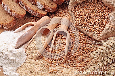 Wheat grains, bran and flour