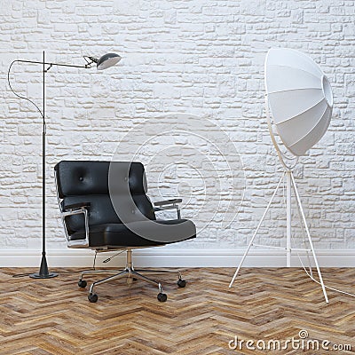 White Brick Wall Interior With Black Leather Office Armchair