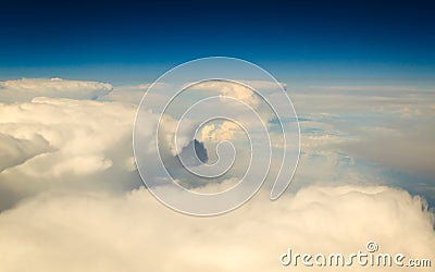 White cloudy sky. View from airplane flying in clouds.