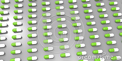 White and green color pills on grey gray background