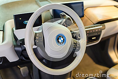 White interior of eco-friendly full-time electric car BMW i3