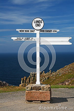 White Land s end directional sign over sea