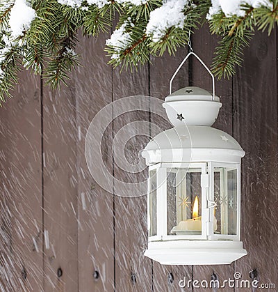 White lantern hanging on a fir branch