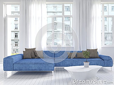 White living room interior with blue couch
