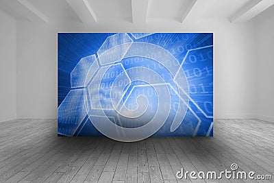 White room with blue picture of hexagons