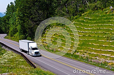 White semi truck trailer on green hill high way