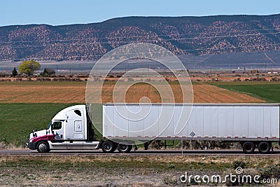 White simi truck and trailer on the nature background