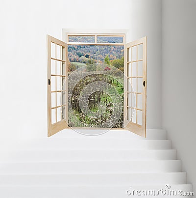 White staircase with french doors and meadow