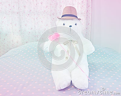 White teddy bear and pink heart on bed