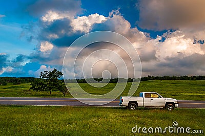 White truck along road in Big Meadows, Shenandoah National Park