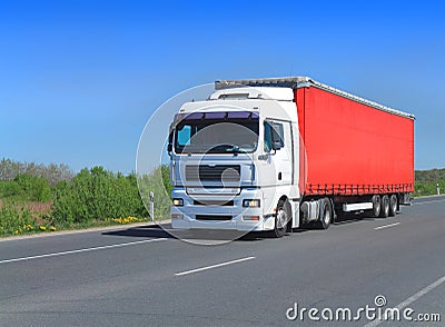 White truck tractor semitrailer with red awning