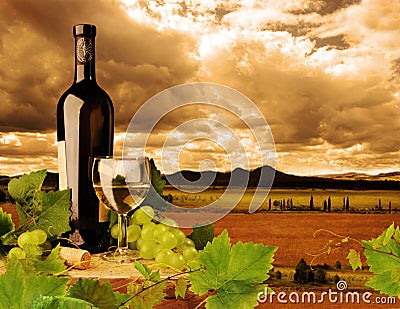 White wine and sunset landscape