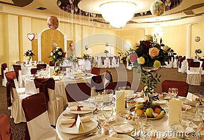 Wide party or banquet ballroom interior