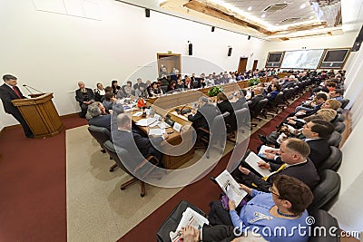 Wide view on the hall and speaker on Round table Elections