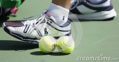 Wilson tennis balls on tennis court at Arthur Ashe Stadium during US Open 2013