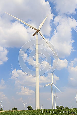 Wind turbine on the green grass over the blue clouded sky