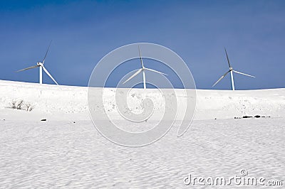 Wind turbines farm in winter, Alava (Spain)