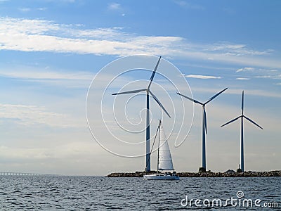 Wind turbines power generator farm in sea