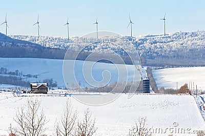 Wind turbines on a ridge in winter