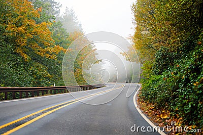 Winding highway autumn road disappearing into the fog