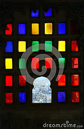 Window with colored glasses in Udaipur City Palace