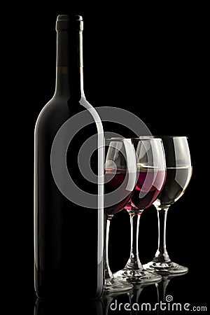 Wine bottle with red, white and rose wine glasses