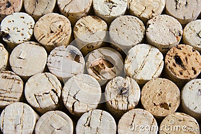 Wine corks in horizontal stacked arrangement.