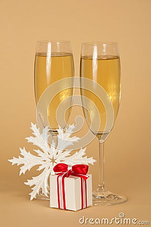 Wine glasses with champagne a beautiful gift box