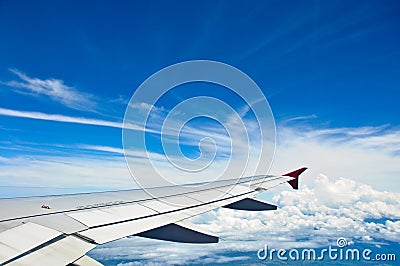 Wing of the plane and the blue sky