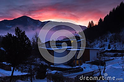 Winter dawn at Zell am See village, Austrian Alps