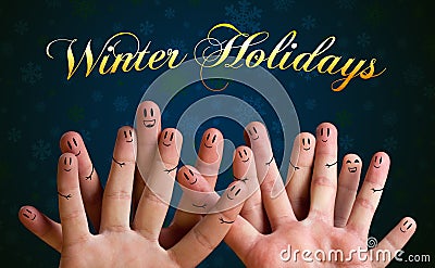 Winter holidays finger group with smiley faces on green backgrou