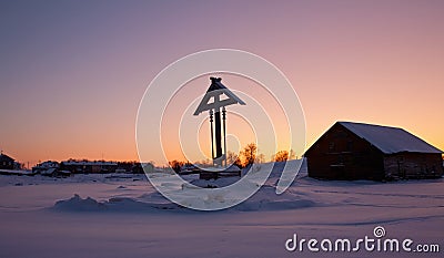 Winter night landscape with a wooden cross.