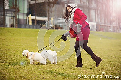 Winter portrait of pregnant woman walking dogs